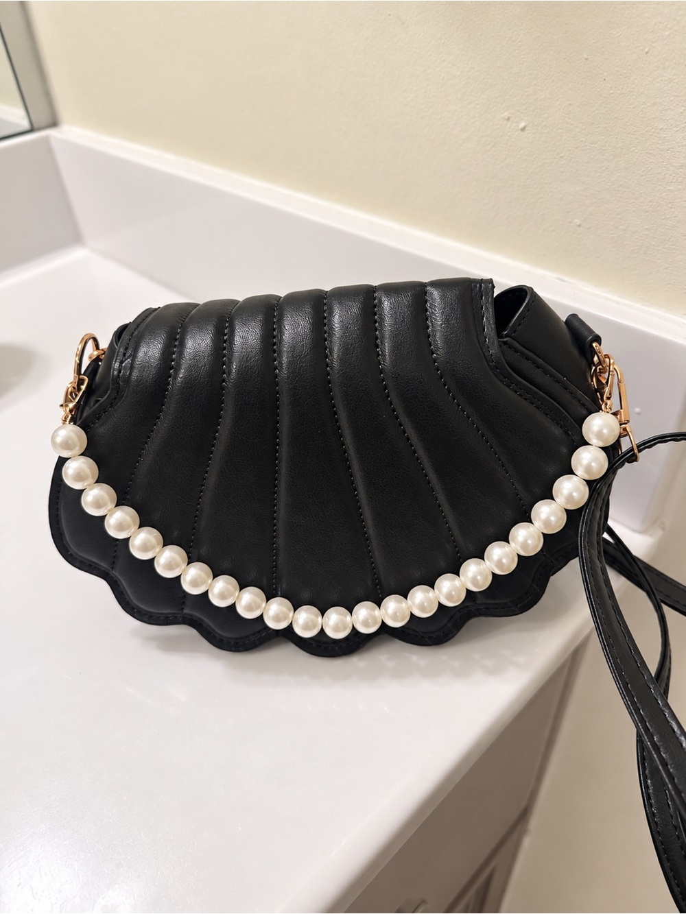 Elegant Black Pearl-Accent Shell Shoulder Bag